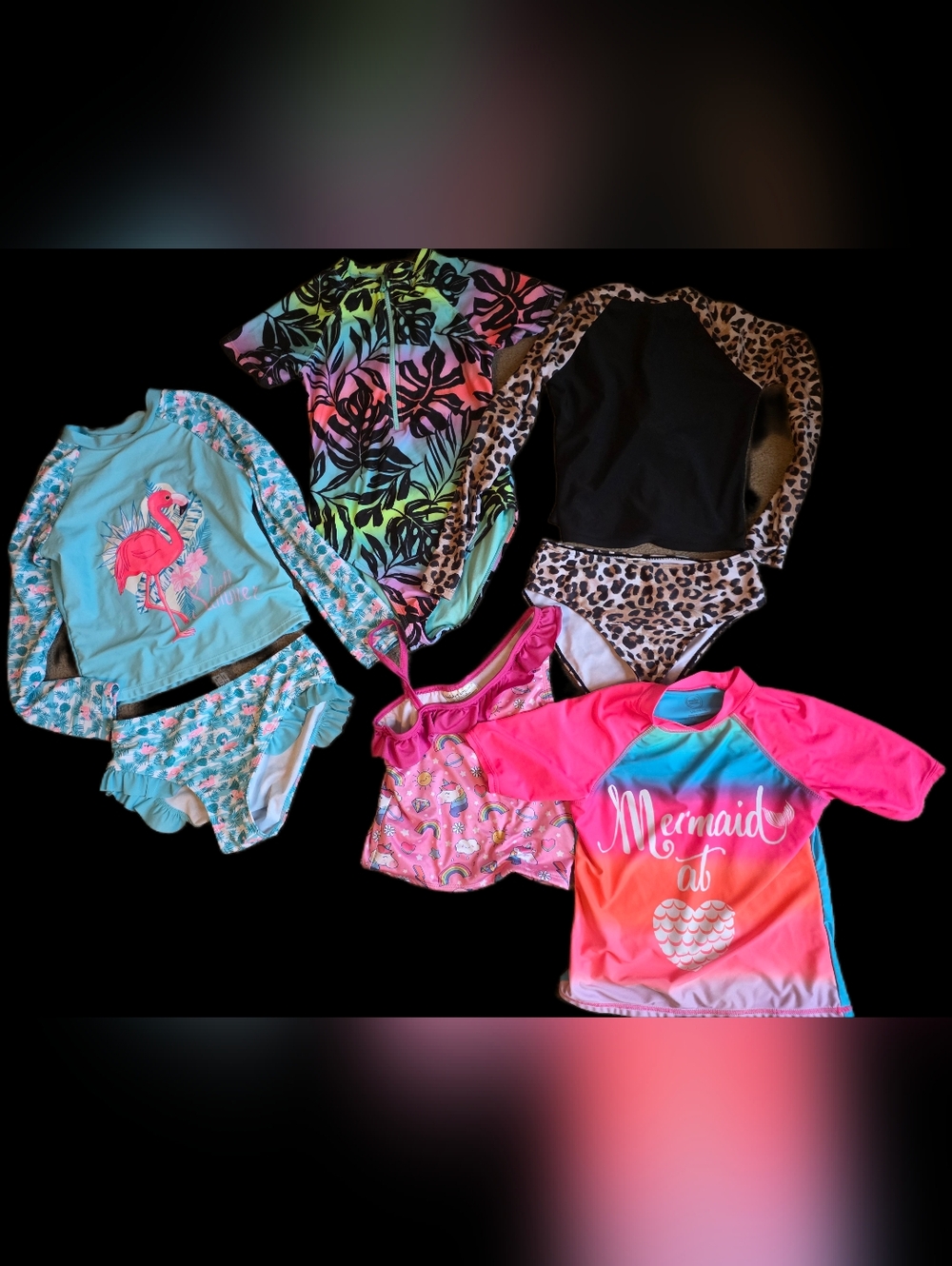 Girls' Multicolor Mermaid & Rainbow Swim Set - Kids Rash Guard and Bikini
